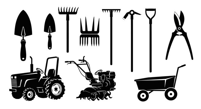 Gardening tools and machinery in black silhouette on white background with collection gardening pruning shears watering can wheelbarrow cultivator