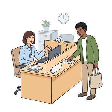 Receptionist helping a customer at office desk
