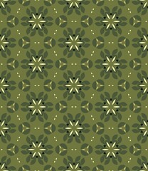 Fototapeta premium Symmetrical green pattern with leaf and diamond motifs. Soft olive background features repeating geometric flora. Design showcases nature-inspired shapes in muted tones