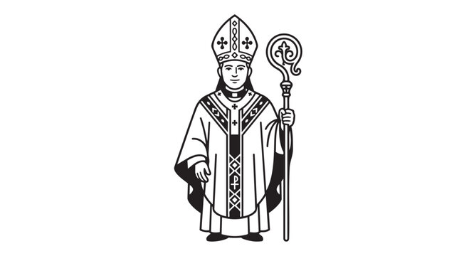 Black and white ink illustration of a christian bishop with a crosier staff christian religion vestments