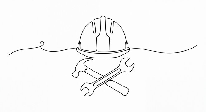 Continuous line drawing of construction helmet and tools on white back