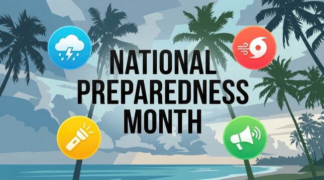 National Preparedness Month banner with palm trees, storm clouds, and survival icons concept