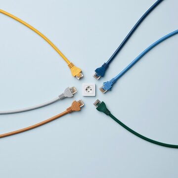 Six different colored ethernet cables with RJ45 connectors arranged symmetrically pointing to a small white european power socket on clean light blue background