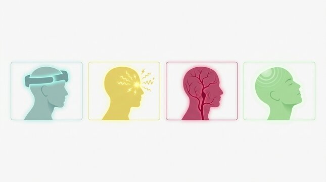 Illustration showing different types of headache symptoms migraine tension cluster and relief
