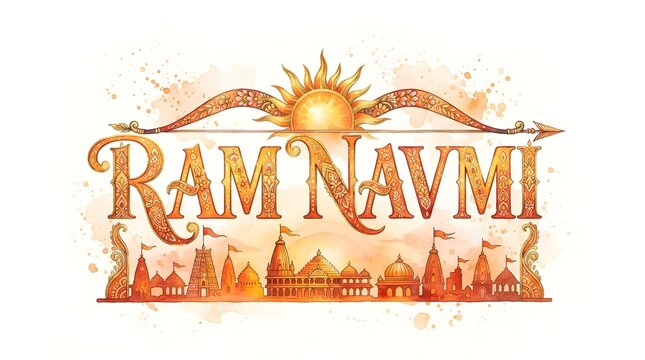 Ram navmi festival greeting with traditional temple architecture silhouette and golden bow and arrow illustration isolated on white background