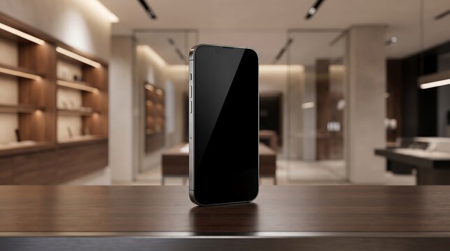 Modern Smartphone Mockup on Wooden Desk in Luxury Store Background for App Presentation Display