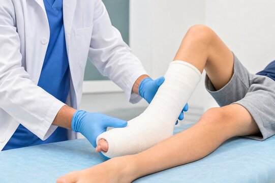 Doctor applying a plaster cast to lower leg of injuried patient