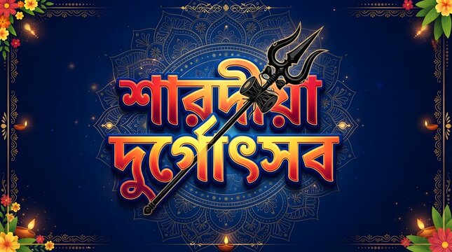 Sharadiya durgotsav festival greeting with traditional trishul symbol on ornate blue mandala background with floral borders