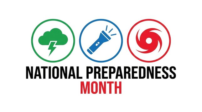 National Preparedness Month banner with circular storm flashlight and hurricane icons