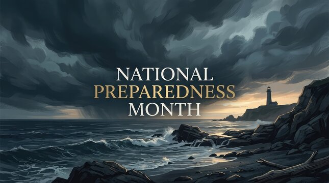 National Preparedness Month dramatic ocean coast and stormy lighthouse landscape banner
