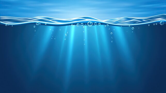 Clean under blue water surface with soft gentle waves and rising transparent air bubbles with sun light rays penetrating through clear water