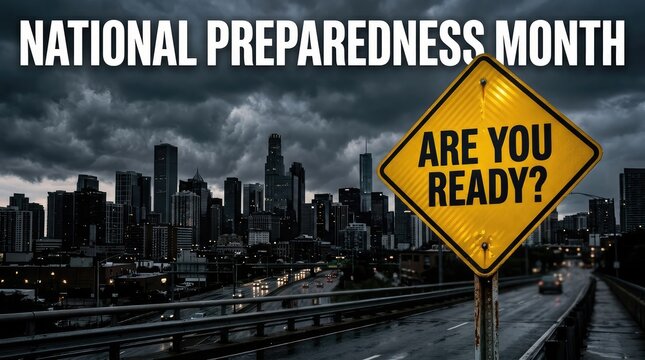 National Preparedness Month Are You Ready text with yellow road sign on stormy city highway