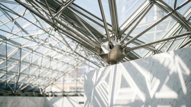 Modern glass and steel architectural roof structure with geometric node