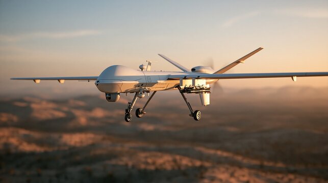 Military combat drone flying over arid desert hills during warm golden sunset carrying armed missiles for surveillance and military operation mission