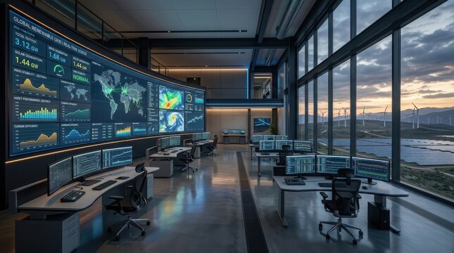 Modern Office Space with Large Video Wall Displaying Global Data Visualizations. Contemporary Interior Design with Expansive Windows and Workspace