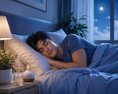 Peaceful sleep and rest illustrated in calming wellness style, soft serene colors emphasizing sleep quality, professional rest and relaxation content