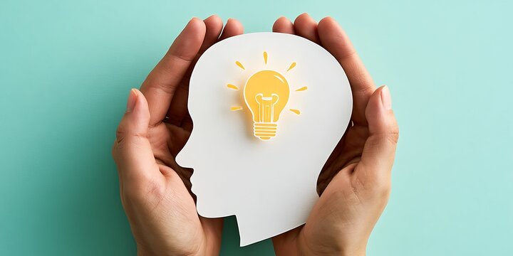 Bright mind and fresh idea concept with glowing lightbulb inside paper head silhouette, world mental health awareness