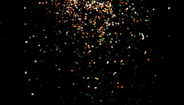 Colorful Sprinkles Falling and Exploding Against a Black Background Capturing a Dynamic Culinary Celebration