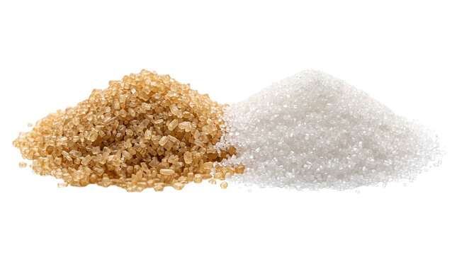 Two Piles of Sugar: Brown and White Granulated Sugar Isolated