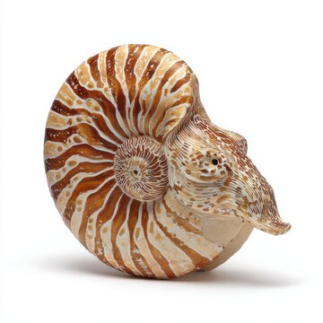 Macro Shot Of A Chambered Nautilus Shell With Intricate Brown And White Striped Patterns On White