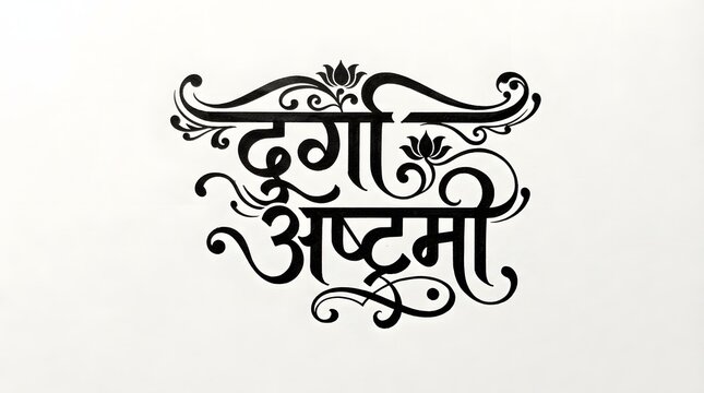 Durga ashtami calligraphy in devanagari script, elegant black ink brush lettering with decorative floral motifs, isolated on white background