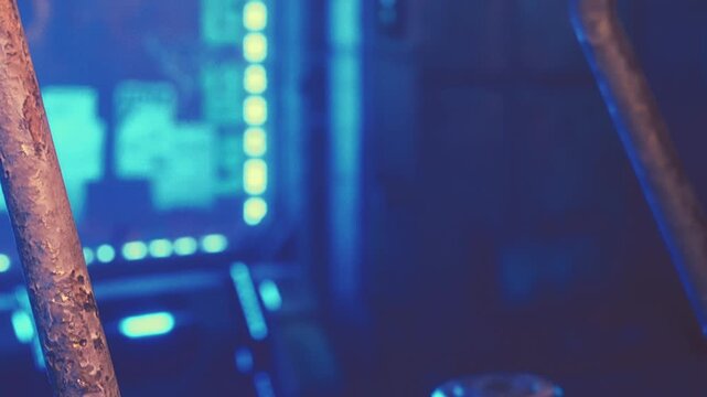 A close up of a rusty metal pipe is visible in a low light setting. Blue lights illuminate the background, creating an industrial atmosphere. Shadows add depth to the scene.