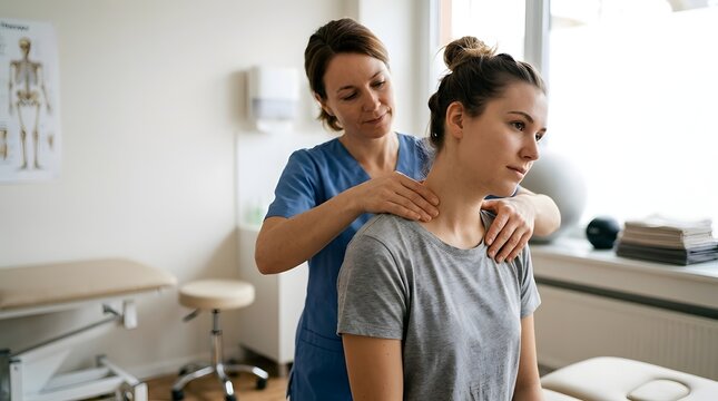 Physiotherapist examining woman's neck and shoulders