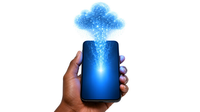 Hand holding smartphone with digital cloud data transfer and wireless network connection