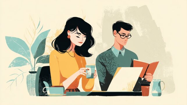 social media online content, freelance worker, working online, content creator, woman using laptop, man reading blog online on computer