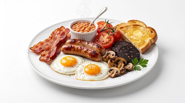 Traditional full English breakfast with fried eggs, crispy bacon and sausages. Hearty morning meal with beans, mushrooms and toast. isolated on White Background