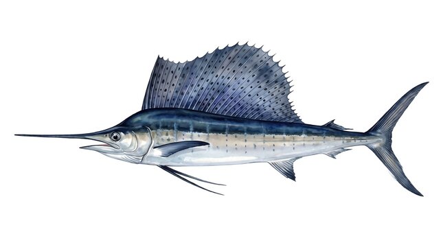 Indo-Pacific sailfish watercolor illustration on white background