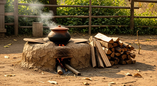 Clay Pot Cooking Over Fire on Outdoor Earth Oven with Stacked Firewood Rural Scene