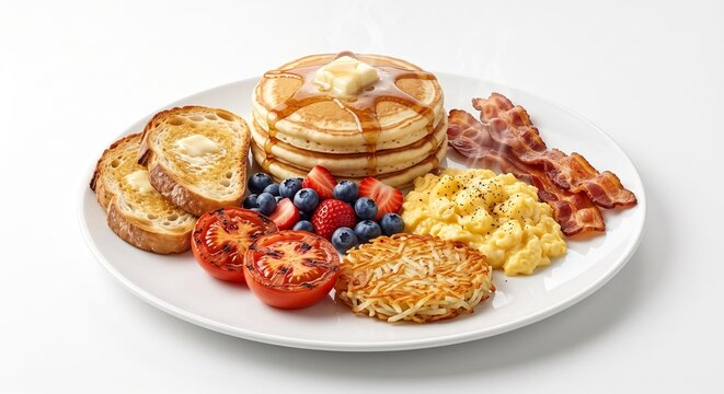 Traditional American breakfast platter, stack of pancakes with syrup and butter, scrambled eggs with bacon and hash browns isolated on White Background