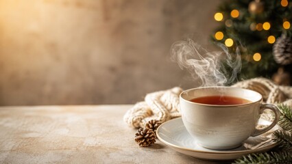 Fototapeta premium Hot Tea with Christmas Tree and Copy Space