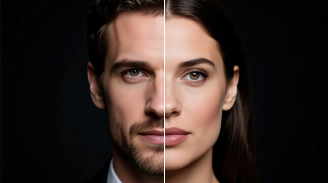 Conceptual portrait showing split face comparison of a man and a woman.