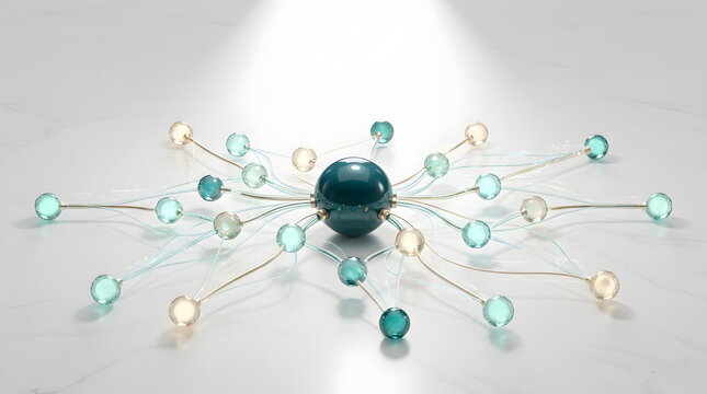 Abstract central node connected to surrounding glass spheres network system architecture 3d illustration