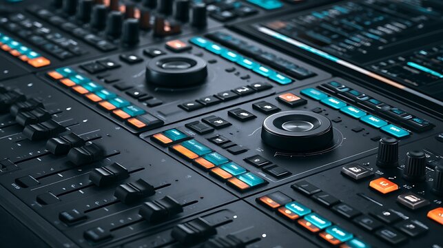 A professional audio mixing console with glowing buttons and faders in a dark studio. Perfect for music production and sound engineering projects.