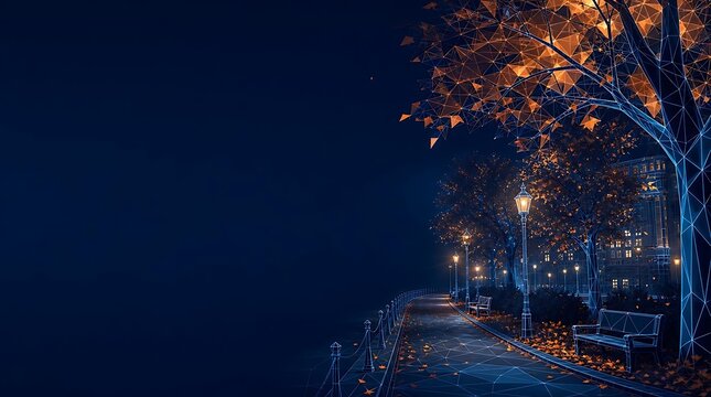 Scenic path along a lake surrounded by autumn trees at night. autumn fall season waterfront branches woodland outdoors environment landscape darkness lanterns. autumn. fall season