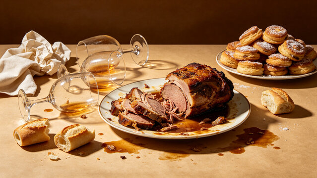 Wide still-life of overloaded banquet table after long meal, torn roast, stacked plates, scattered bread, tipped wine glasses and pastries, gluttony mood