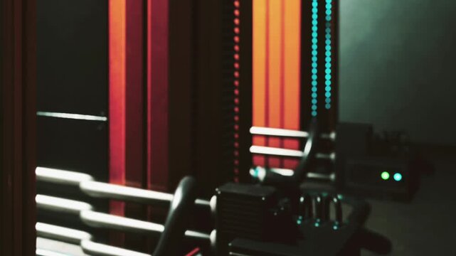 A hallway shows bright colored lights. A metal device is placed at the end of the hallway. The setting looks modern. The lights create a unique atmosphere.