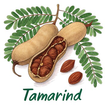 Tamarind fruit pod with seeds and leaves illustration