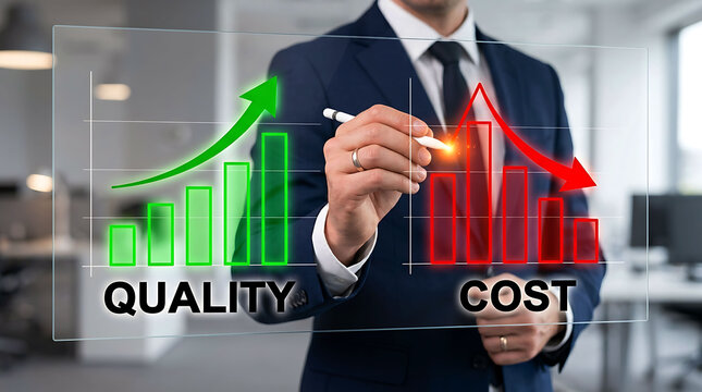 Businessman drawing quality increase and cost reduction charts on virtual screen