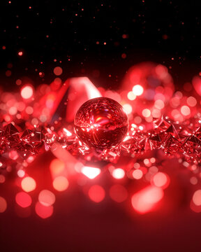 Abstract view of central reflective red sphere on a textured background of faceted geometric crystals. Red bokeh lighting effects. Particles floating in dark space. Commercial rendering for high-end.
