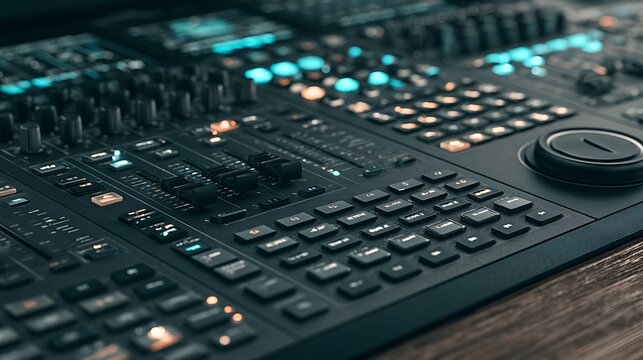 Professional audio mixing console with glowing buttons and faders in a recording studio. Perfect background for music production and sound engineering concepts.