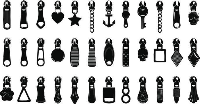 Various metal zipper sliders and pull tabs collection featuring decorative heart star skull anchor shapes black silhouettes vector