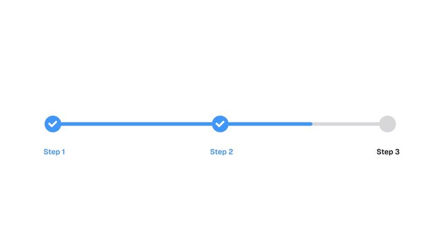 Animated Progress Stepper with Three Steps and Checkmark Completion Indicators. Transparent background. 4K resolution