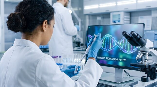 Researcher holding pipette over sample bottle near computer screen showing active genomic sequencing imagery.