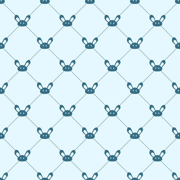 Cute bunny seamless pattern with blue rabbit head icons and diamond grid line vector background