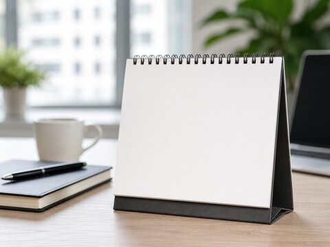 Blank desk calendar on office desk with notebook and coffee mug