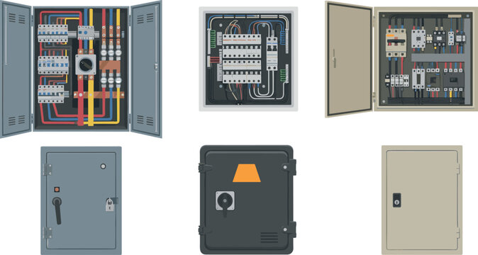 Industrial Electrical Control Panel and Fuse Box Vector Set with Open Circuit Breaker Switchboards